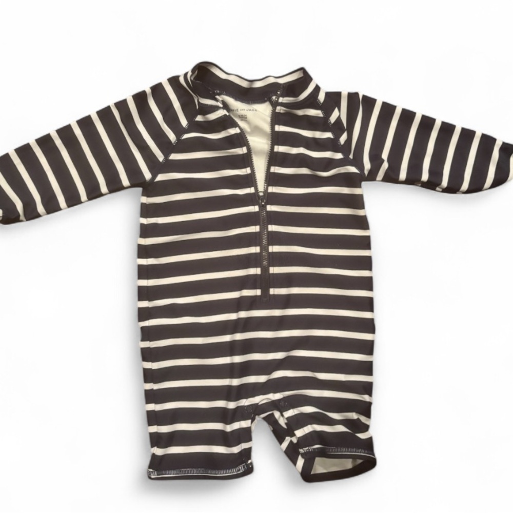 JANIE AND JACK EUC BOYS NAVY WHITE RASH GUARD SWIMSUIT SUMMER SWIM SZ 18 24 MTHS - Picture 2 of 5